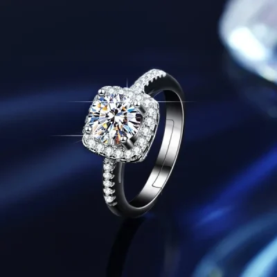 Diamond Cut S925 Silver One Caratson Stone Simulation Drill Princess Fang Bag Ring