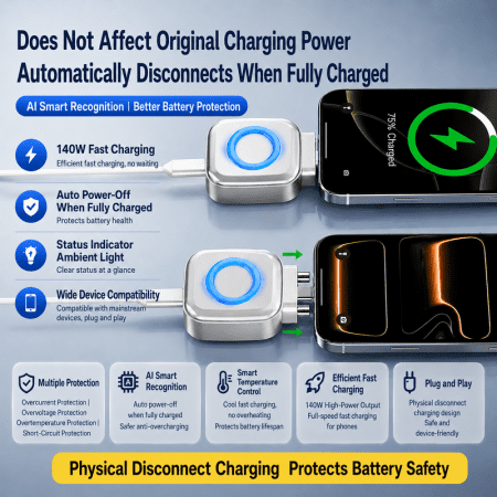 type c auto power cutoff charge separator protector supports up to 140w charging